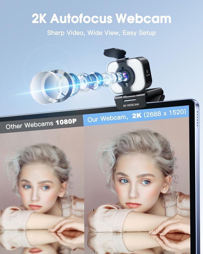 MELCAM 2K Webcam for PC, Web Camera with Microphone, Light, Privacy Cover, Plug and Play Autofocus USB Computer Camera for Laptop, Desktop, PC, Mac, Zoom, Skype, Meeting, Streaming(Black) - Image 2